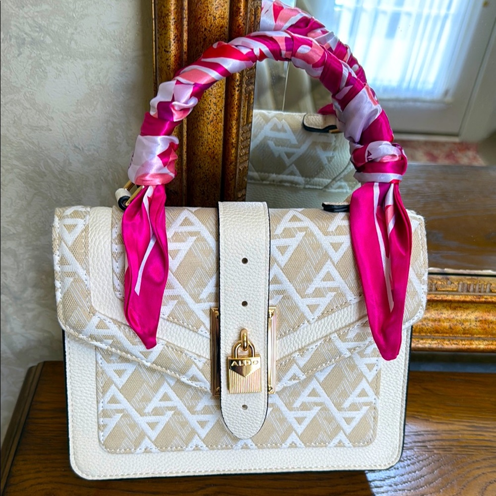 NWOT Aldo Cream, Tan and Pink Women's crossbody or handle Bag. Removeable scarf.